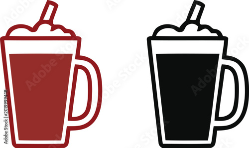 Set of two coffee cup icons with whipped cream and a straw in black and red outline vector illustration