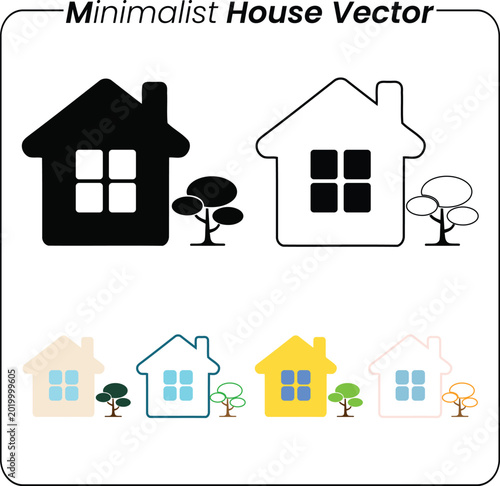 Minimalist house vector icons with small tree designs in colorful style sets