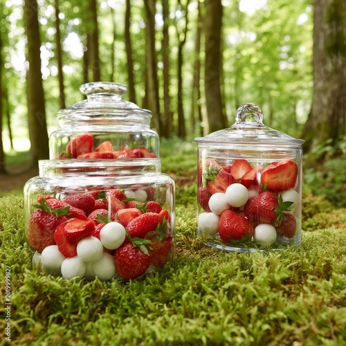 Strawberries in Glass Jars on Green Moss in a Forest Setting During Daylight
