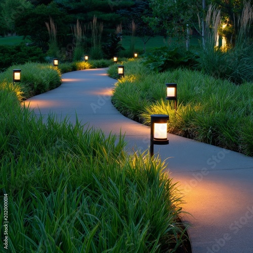 Lighting Along a Winding Pathway in a Garden During Early Evening Hours With ...