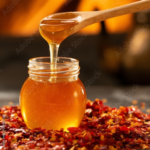 Homemade Honey Sauce is Stirred With a Wooden Spoon Above a Jar on a Table Wi...