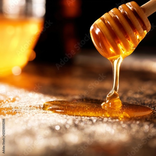 Honey Drips From a Wooden Dipper Onto a Surface in a Kitchen Setting During E...