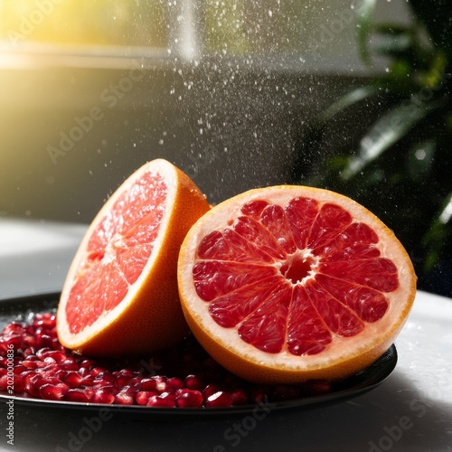Fresh Fruits Sit on a Plate While Water Mist Falls Around Them in a Kitchen E...