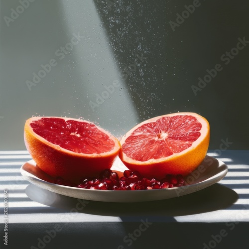 Fresh Grapefruit and Pomegranate on a Plate With Bright Light and Water Dropl...