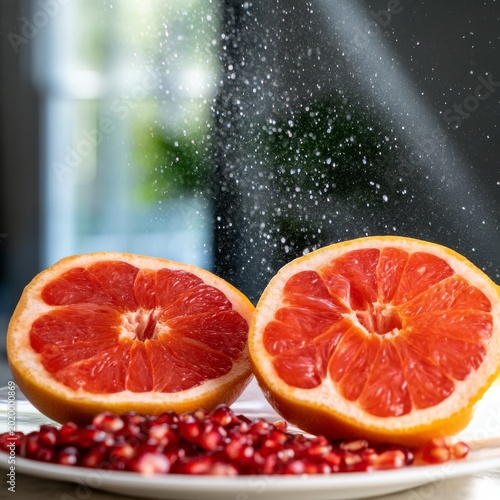 Fresh Grapefruit and Pomegranate on a Plate With Bright Light and Water Dropl...