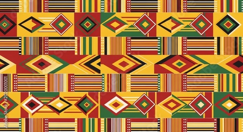 Vibrant Kente Cloth Pattern with Geometric Shapes and Stripes.