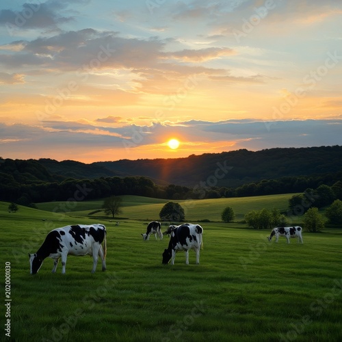 Cows Graze in a Green Field During Sunset on a Warm Evening in the Countryside