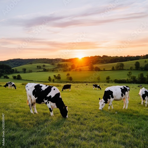 Cows Graze in a Green Field During Sunset on a Warm Evening in the Countryside