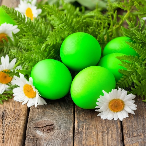Colorful Green Eggs Placed Among Daisies and Ferns for Spring Decoration in a...