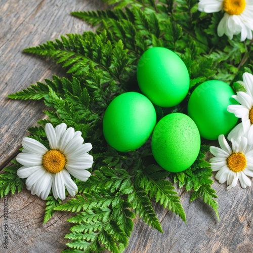 Colorful Green Eggs on a Bed of Leaves and Flowers During Springtime Celebration
