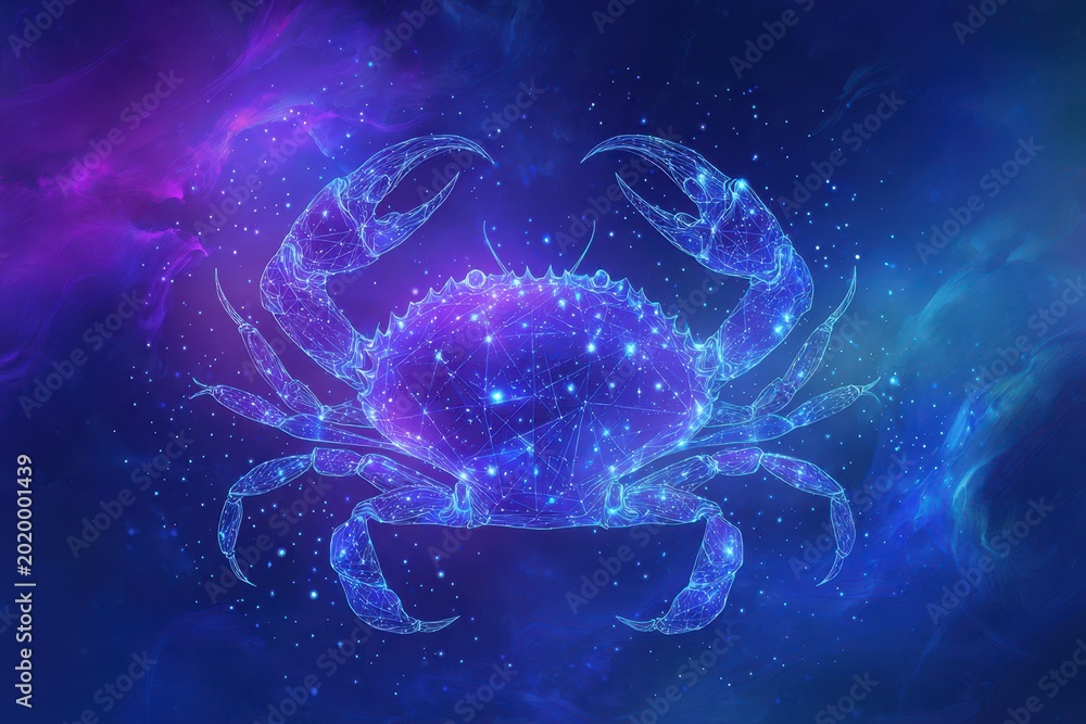 Obraz premium Abstract night sky illustration of the Cancer zodiac sign represented by a glowing crab formed by stars