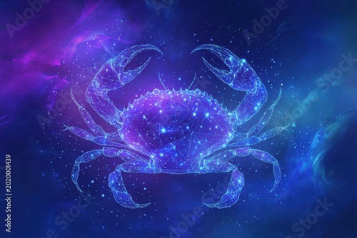 Abstract night sky illustration of the Cancer zodiac sign represented by a glowing crab formed by stars