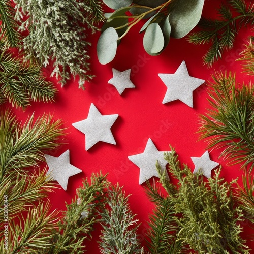 Decorative Stars and Greenery on a Red Background for Festive Celebrations in...