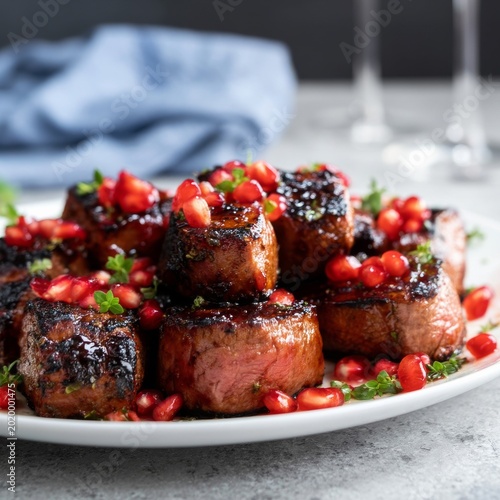 Grilled Meat Squares Topped With Pomegranate Seeds and Herbs on a Plate