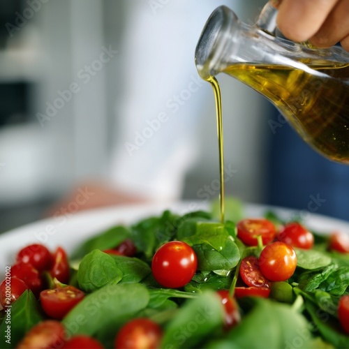 Person Pours Olive Oil Over Salad With Spinach and Tomatoes in Kitchen During...