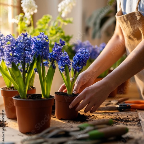 Gardener Plants Hyacinths in Pots at a Workbench During Daylight Hours