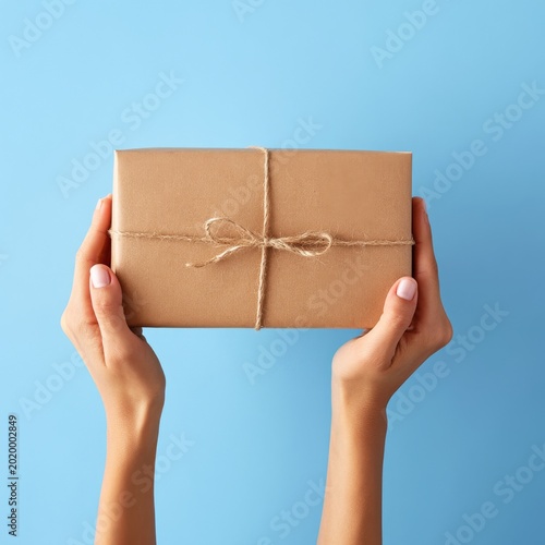 Hands Holding a Wrapped Gift Box on a Blue Background in a Simple Setting