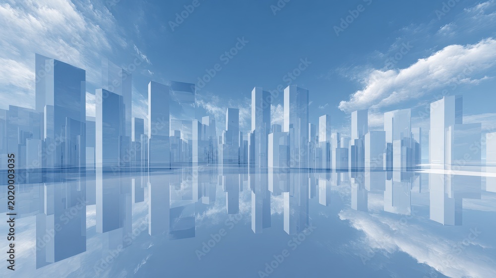 Fototapeta premium Blue sky backdrop with geometric city silhouettes and glossy architecture