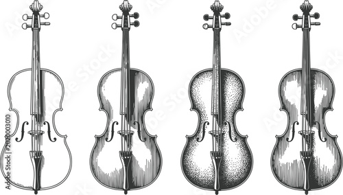 Bild auf Leinwand Vintage Hand Drawn Classical String Instruments Set Featuring Violin Viola Cello