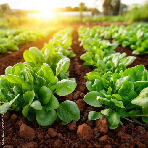 Fresh Spinach Grows in a Field During Sunset With Warm Light Shining on the P...