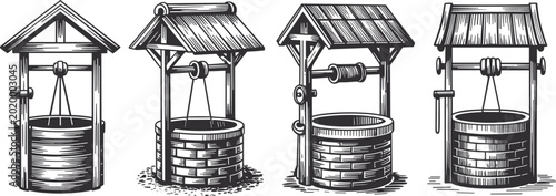 Tableau sur toile Vintage Hand Drawn Stone Water Well Icon Set with Wooden Roof Pulley and Crank H