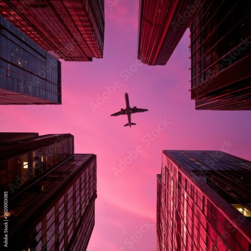 Plane Flies Above Tall Buildings During Sunset With Pink Sky