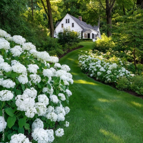 Pathway Through White Flowers Leading to a House in a Garden Near Trees