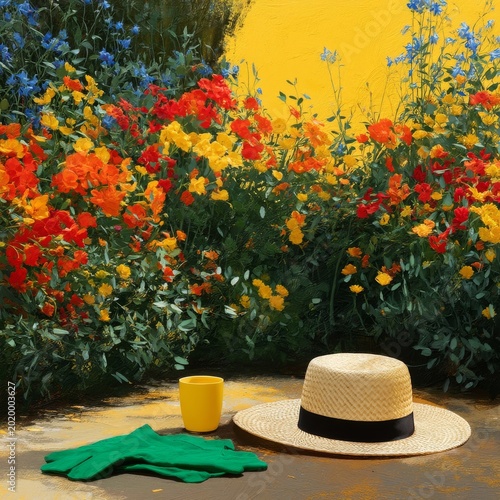 Gardening Tools and Colorful Flowers in a Bright Garden During the Afternoon