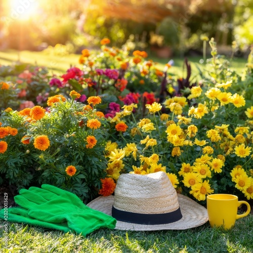Gardening Tools and Colorful Flowers in a Bright Garden During the Afternoon