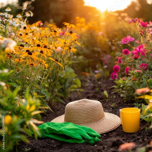 Gardening Tools and Flowers in Bright Sunlight Near a Cup and Hat