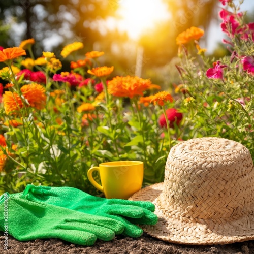 Gardening Tools and Flowers in Bright Sunlight Near a Cup and Hat