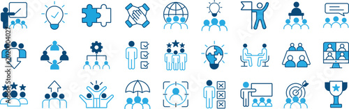 Business Teamwork Flat Line Icon Set – Corporate Leadership and Office Communication Icons