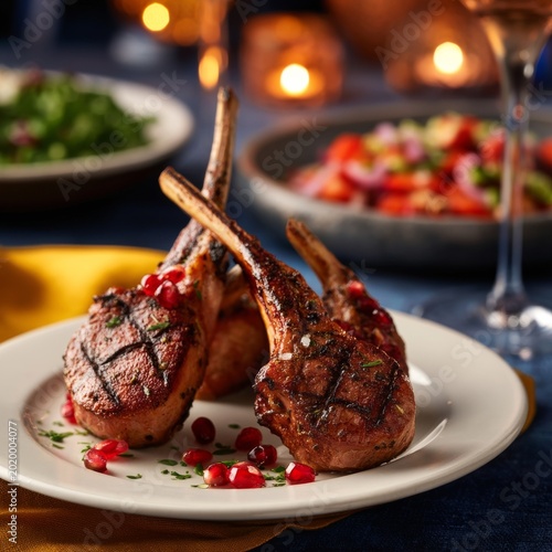 Grilled Lamb Chops Served With Pomegranate and Salad on a Table With Candleli...