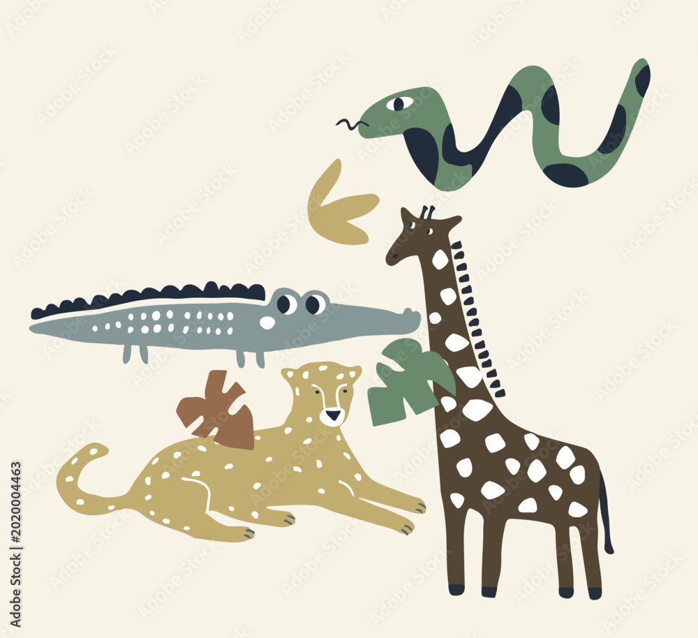 Fototapeta premium Cute Safari Jungle Animals Hand Drawn Scandinavian Vector Illustration