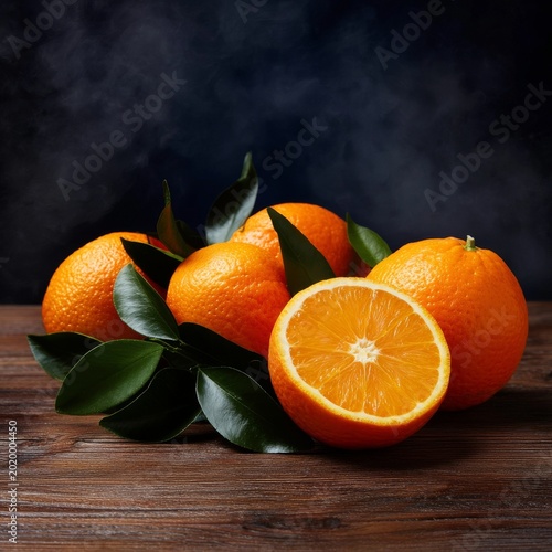 Fresh Oranges With Leaves on a Wooden Surface in a Dimly Lit Space