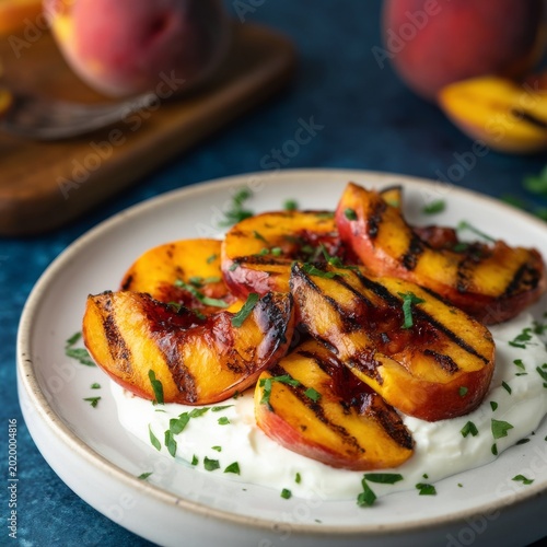 Fresh Grilled Peaches Served on a Plate With Yogurt and Herbs During a Summer...