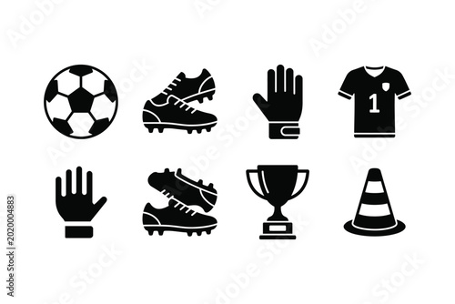 Soccer equipment and sports icons set on transparent background with multiple football items.