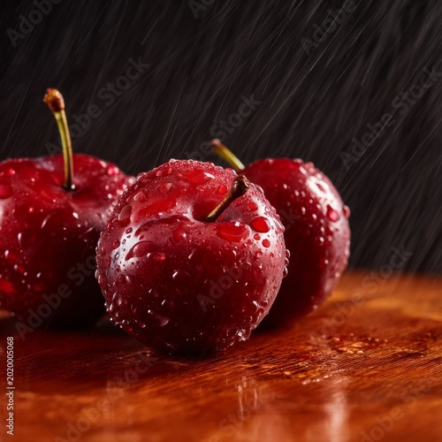 Red Cherries on a Wooden Surface With Droplets of Water in a Dark Setting