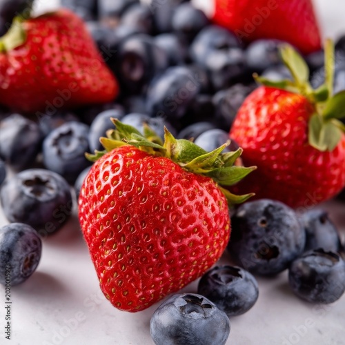 Fresh Strawberries and Blueberries on White Surface During Daytime Hours