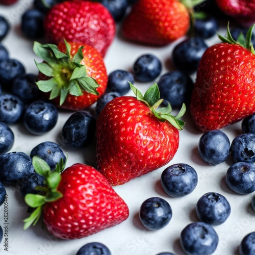 Fresh Strawberries and Blueberries Arranged Together on a Light Surface in a ...