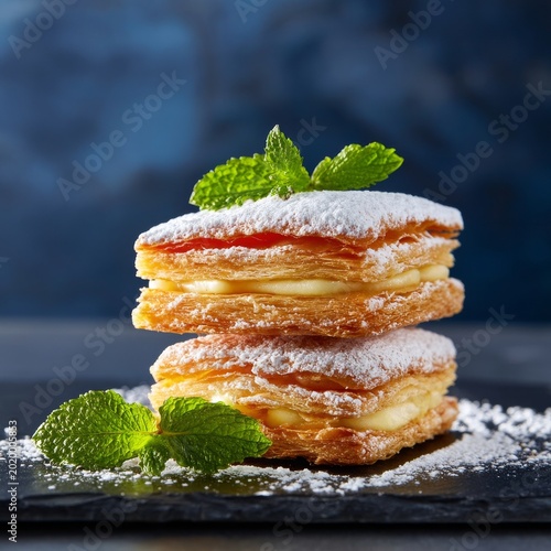 Sweet Layers of Pastry With Cream and Mint on a Dark Background at a Dessert ...