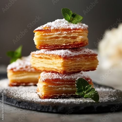 Stack of Layered Pastry With Powdered Sugar and Mint Leaves on a Dark Surface