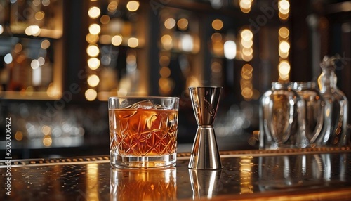 A professional close-up of a classic whiskey cocktail in a crystal glass beside a metal jigger on a polished bar.