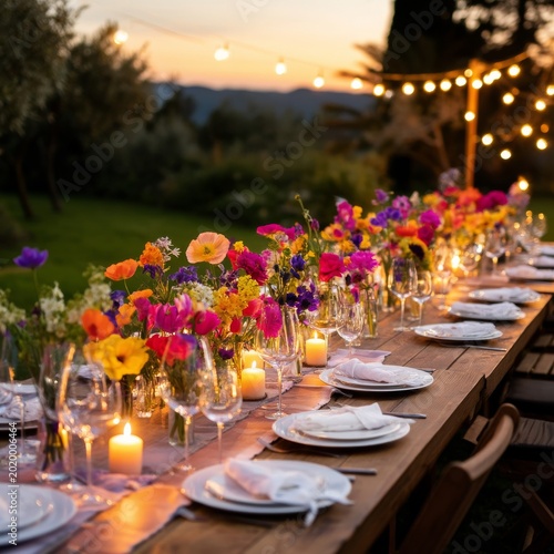 Outdoor Dinner Setup With Flowers and Lights in the Evening Garden
