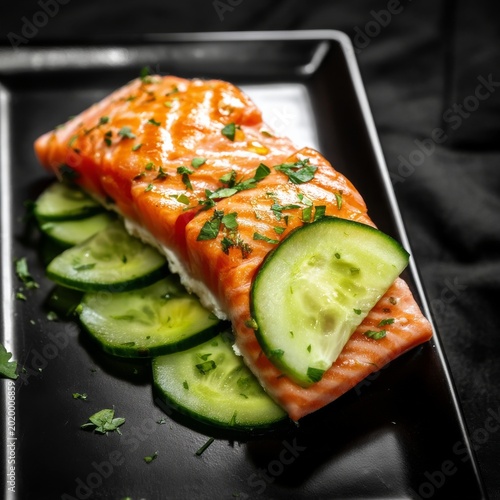 Slices of Fresh Salmon Served on Cucumber on a Black Platter in a Dimly Lit S...