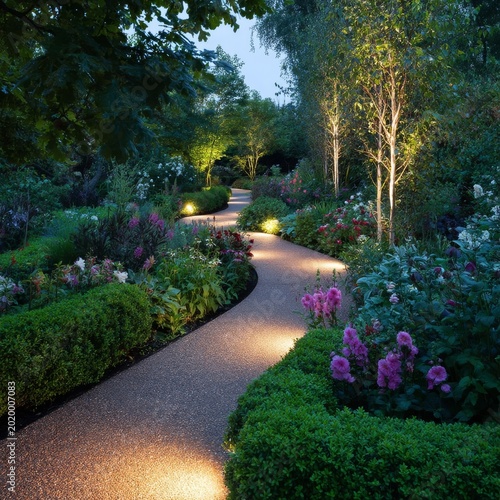 Pathway Lined With Lights in a Garden During Evening Time With Various Plants...