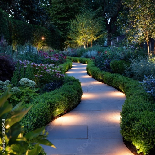 Pathway Lined With Lights in a Garden During Evening Time With Various Plants...