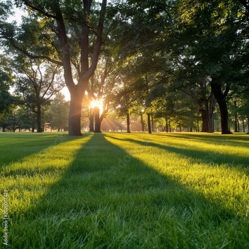 Morning Sunlight Shines on Green Grass in a Park During Summer Hours