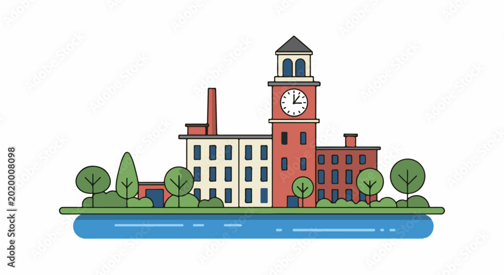 Naklejka premium Flat illustration of a riverside industrial building with a clock tower and trees