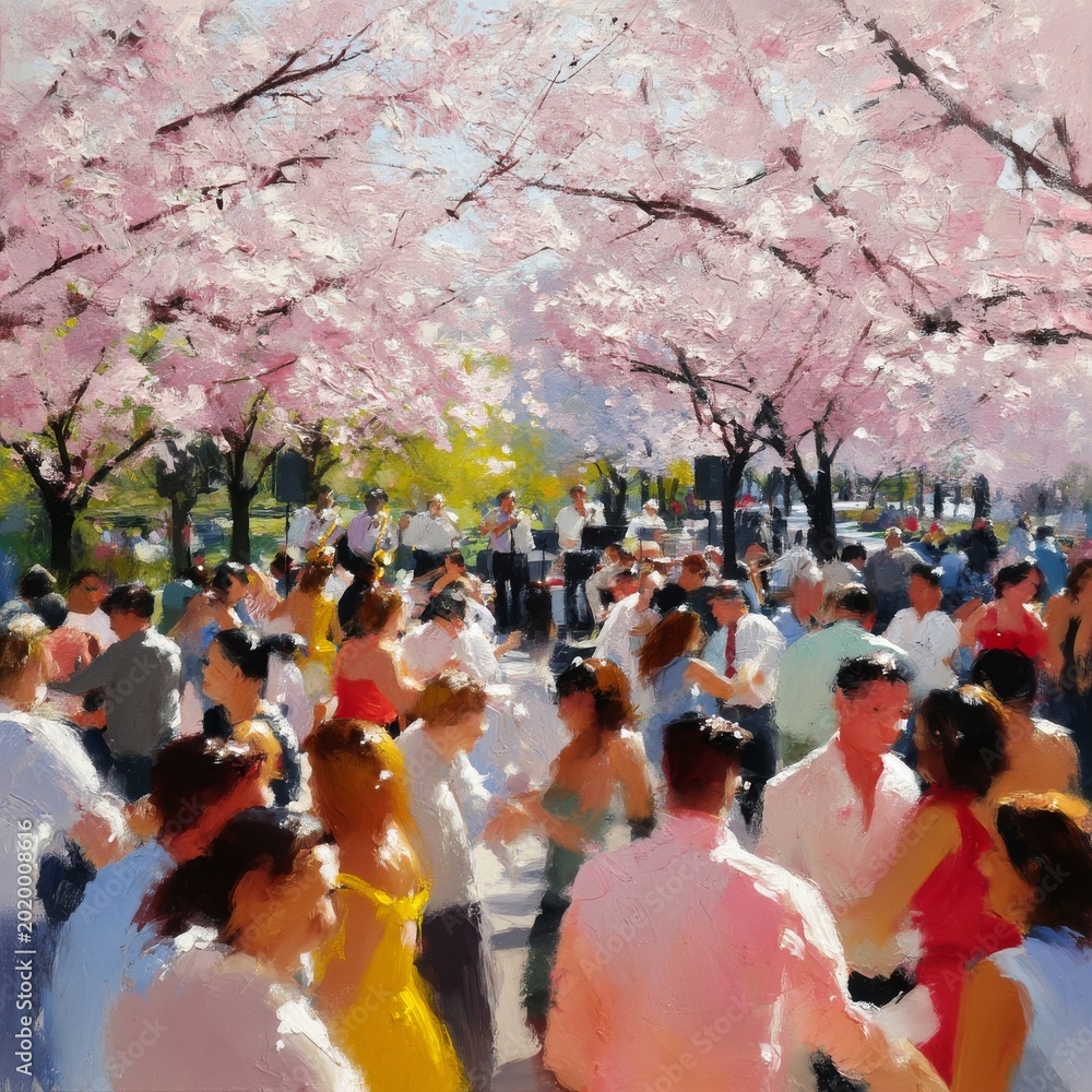 Fototapeta premium Crowd Enjoys Outdoor Dance Event Under Cherry Blossom Trees in Springtime Park